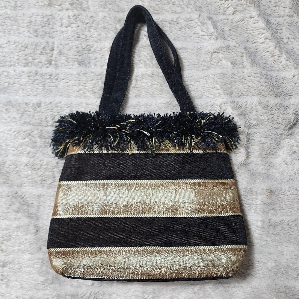 NWOT Unbranded Vintage Style Fringe Trim Gold & Black Shoulder Bag Handbag Purse